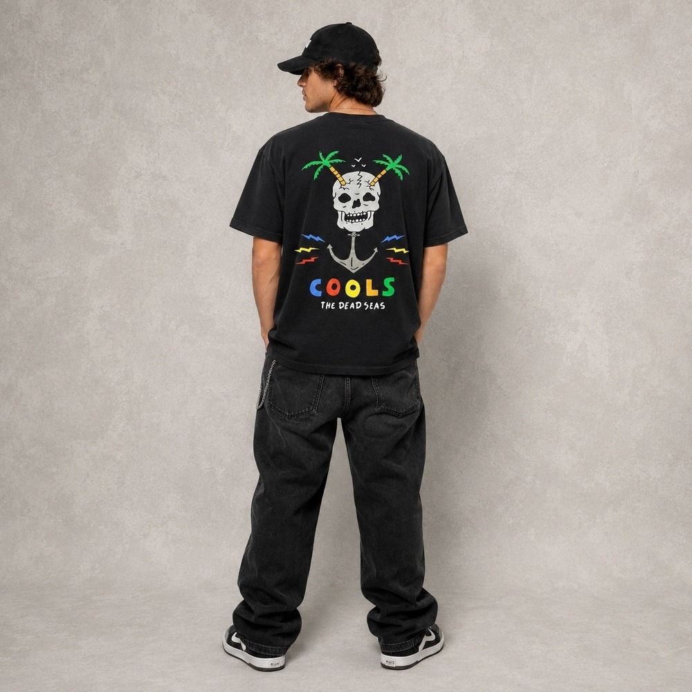 Barney Cools T-Shirt Mens M Black The Dead Seas Skull Palm Tree Anchor Graphic